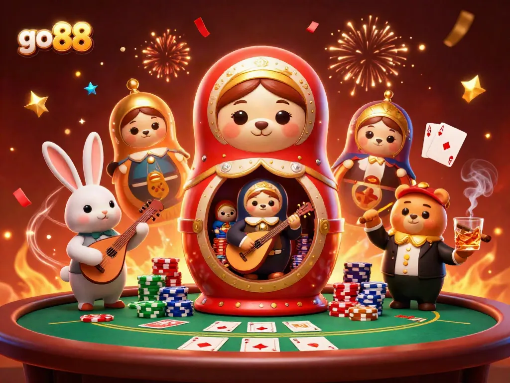 Experience the vibrant energy of go 88 through this colorful 3D casino scene with playful characters and poker elements.