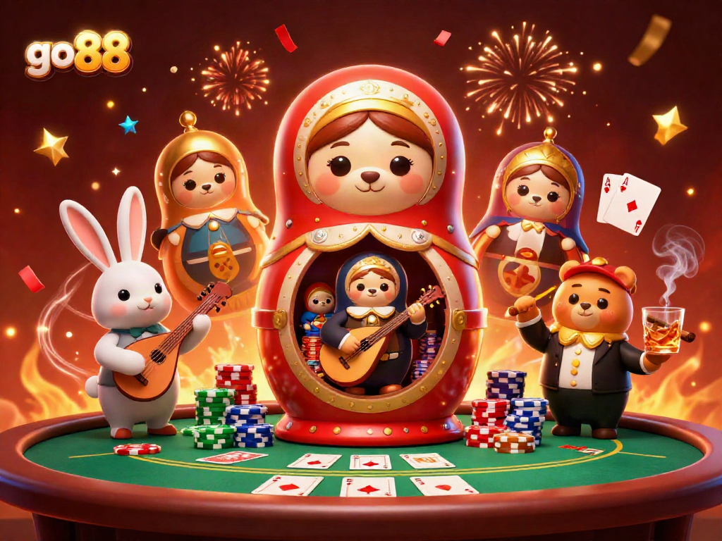 Experience the vibrant energy of go 88 through this colorful 3D casino scene with playful characters and poker elements.
