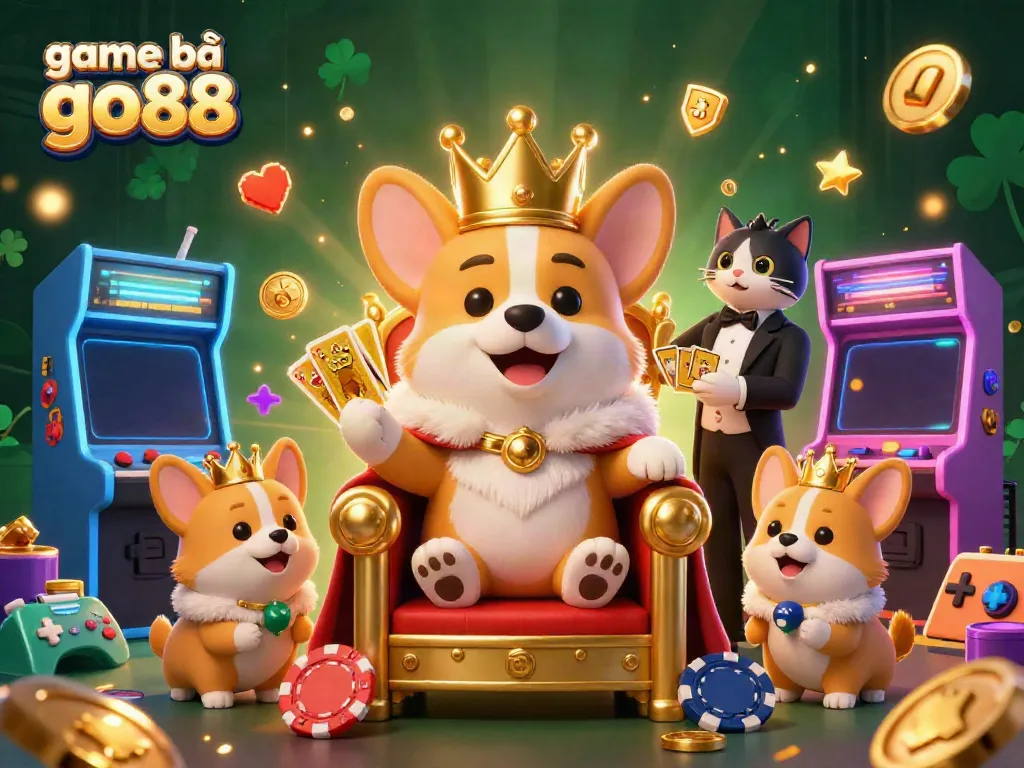 Engage in thrilling bets with game bài go88, featuring a royal corgi and vibrant game elements.