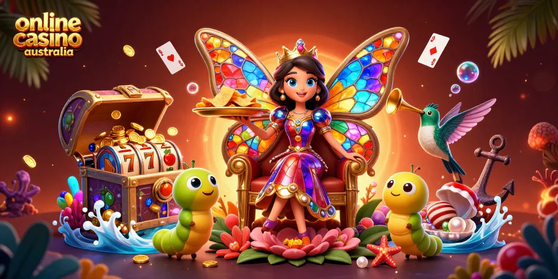 Engaging illustration of online casino Australia featuring a butterfly queen amidst vibrant symbols of slots and gold.