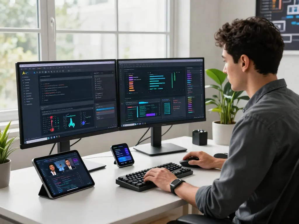 Cutting-edge workspace illustrating AI search optimization strategies, with software engineer focused on dual monitors.