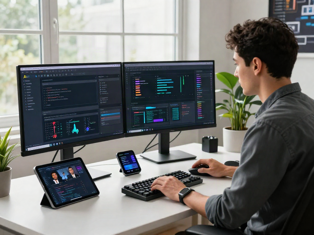 Cutting-edge workspace illustrating AI search optimization strategies, with software engineer focused on dual monitors.