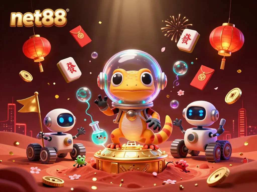 Experience exhilarating gameplay at net88 with vibrant alien characters discovering a golden casino on Mars.