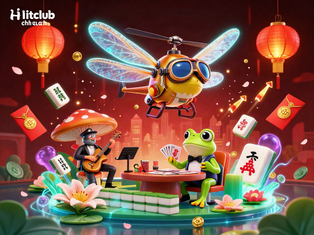 Engage with hitclub chính hãng at a vibrant lily pad casino featuring dragonfly and frog characters.