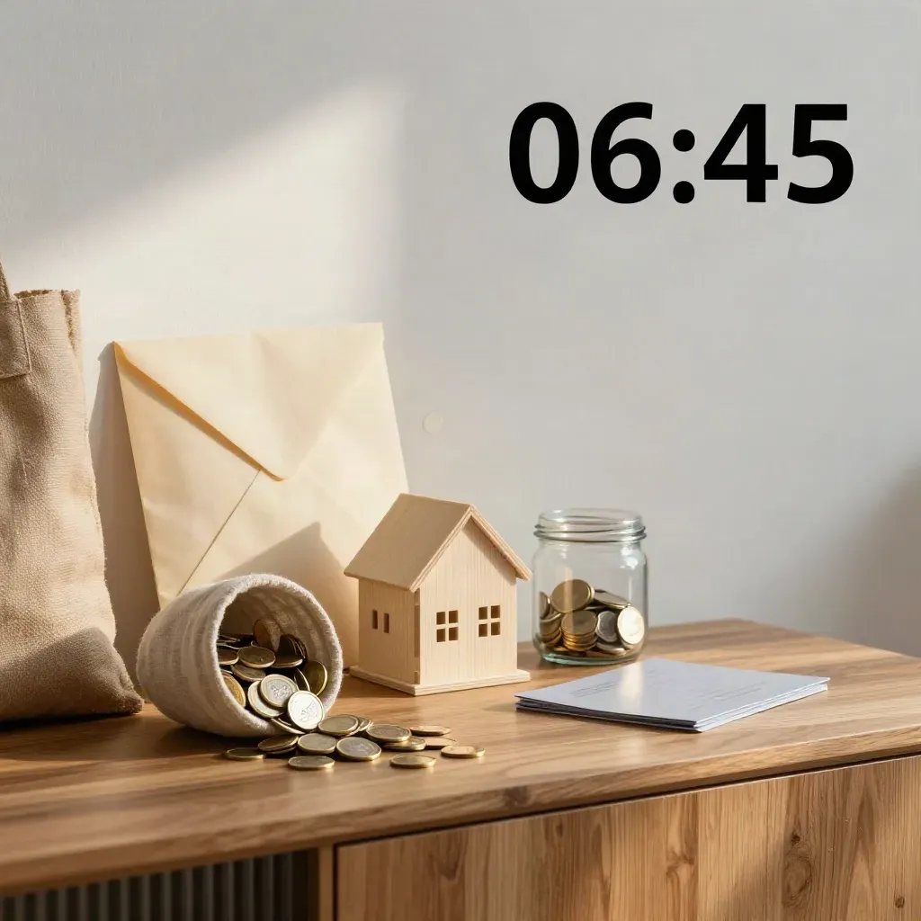Munten, budgetenveloppen en een houten huisje in zacht ochtendlicht na regen.