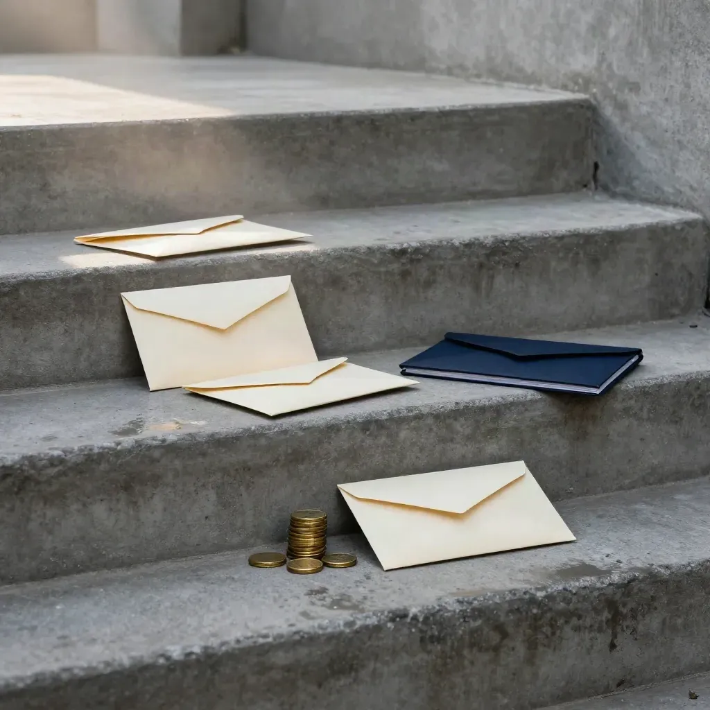 Drie crèmekleurige enveloppen, muntstapel en diep-navy aflossingsmap op natte betonnen trappen.