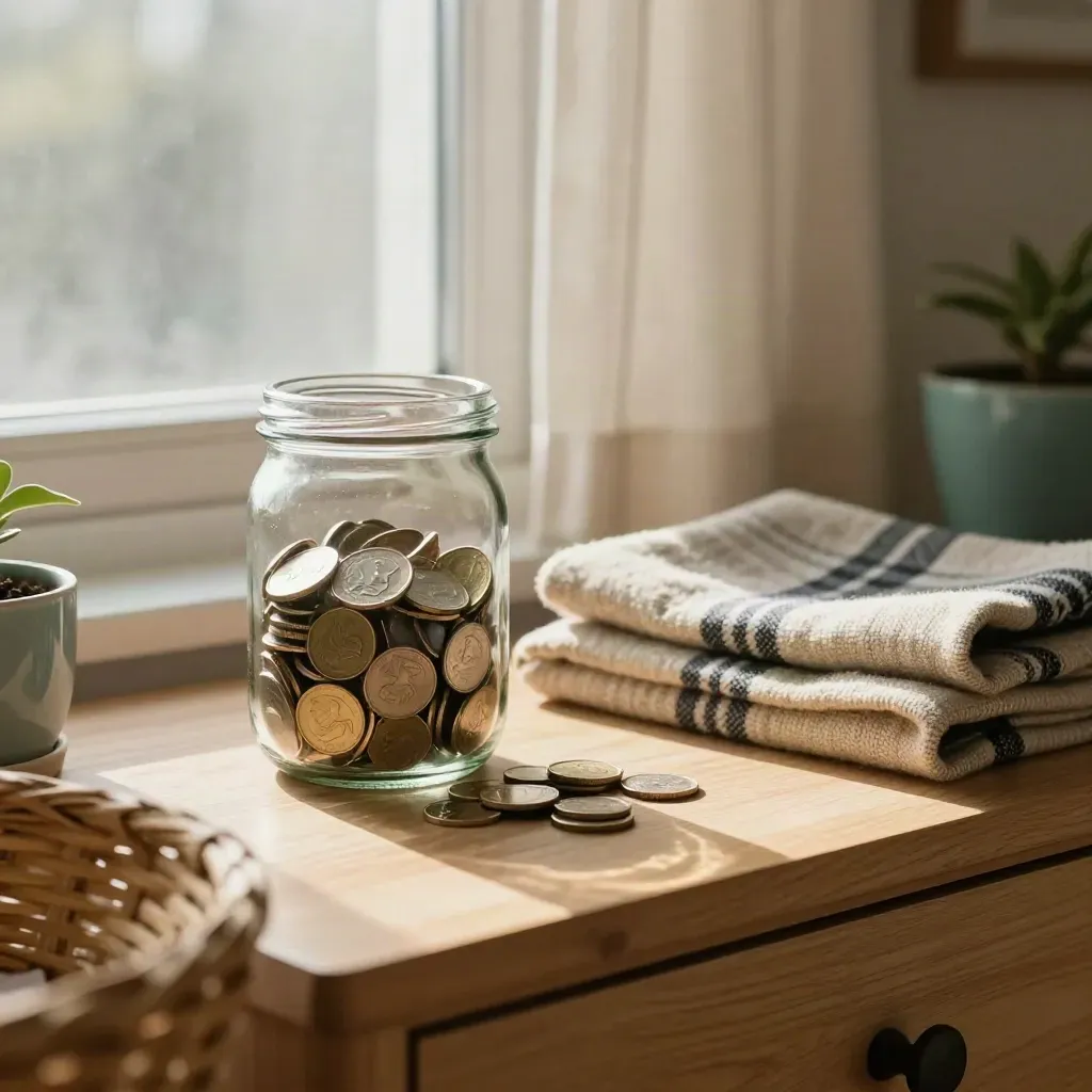 Glazen spaarpot halfvol met munten naast mand, plaid en plant op een slaapkamerkast