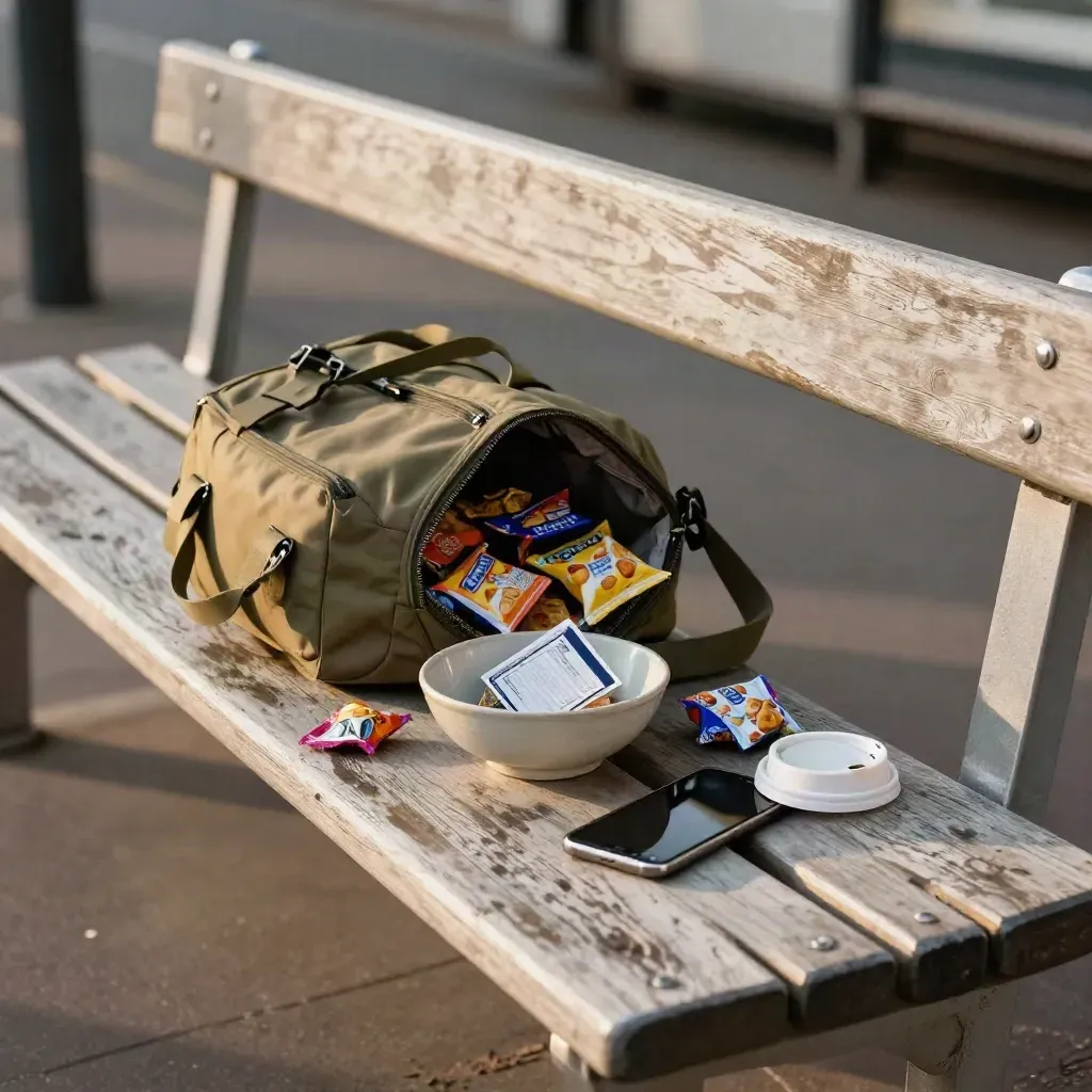 Open draagtas met snacks, OV-kaart, face-down telefoon en koffiedop op een bankje in de stad.