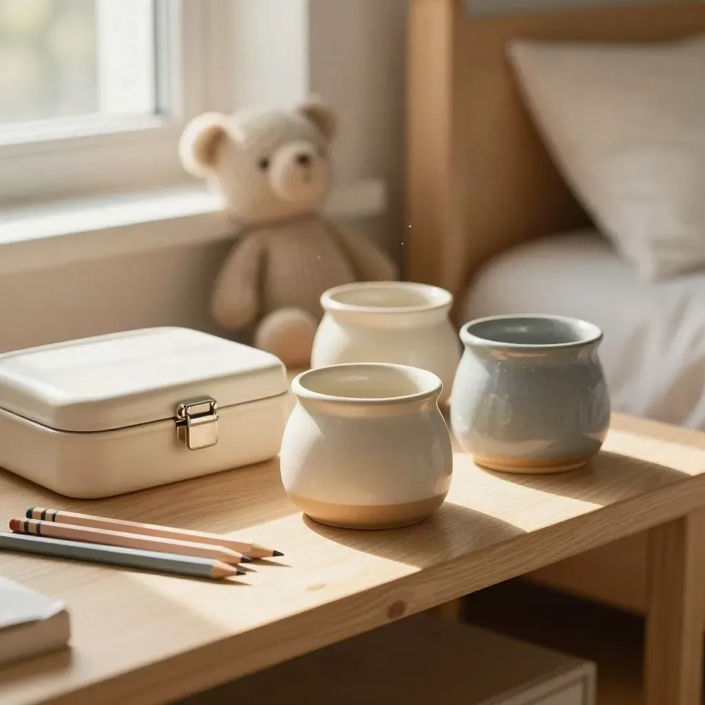 Drie keramische potjes, een gesloten lunchbox en kleurpotloden in een kinderkamer