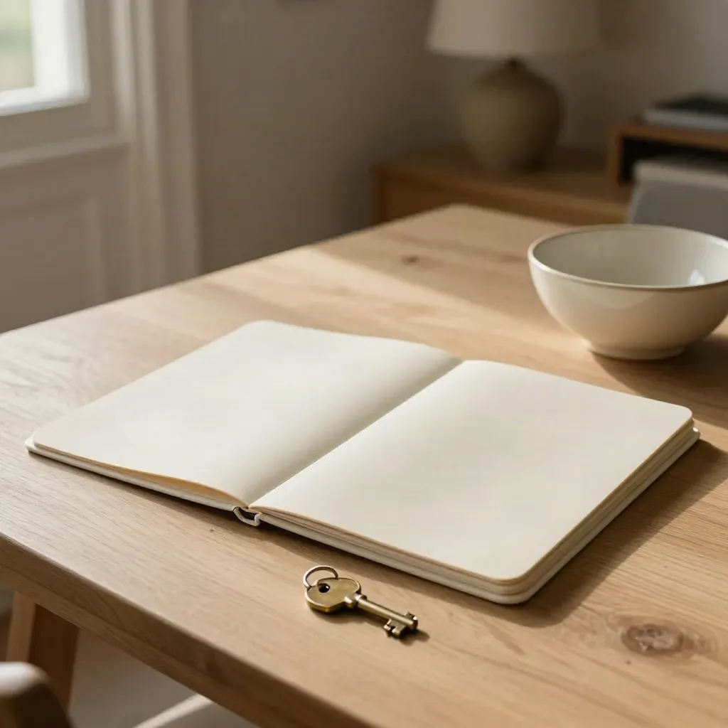 Twee gesloten mappen, een huissleutel en een keramische schaal op een houten eettafel.