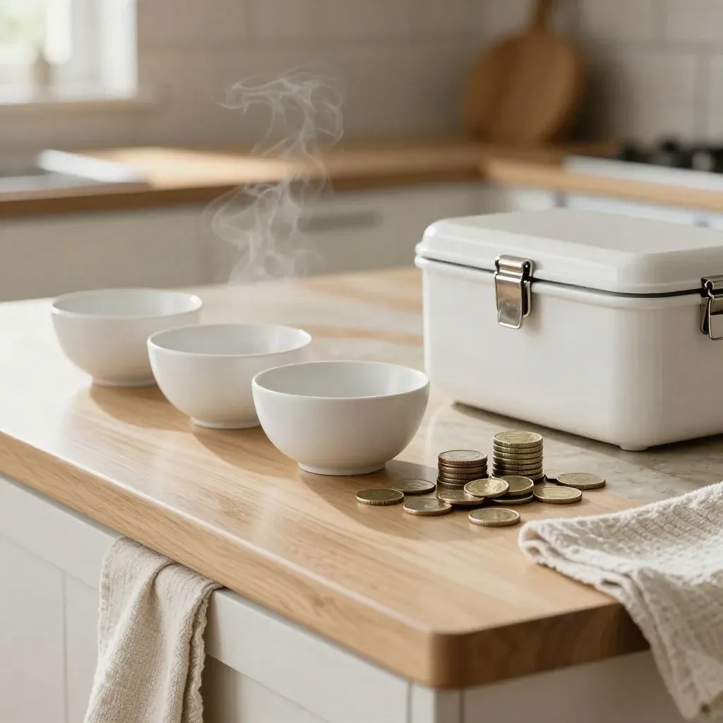 Witte schaaltjes, lunchbox en muntjes op een keukeneiland met warm licht.