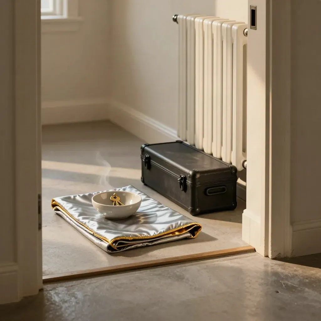 Deurhoek met isolatiedeken, sleutelbakje en onderhoudskoffer naast de radiator.