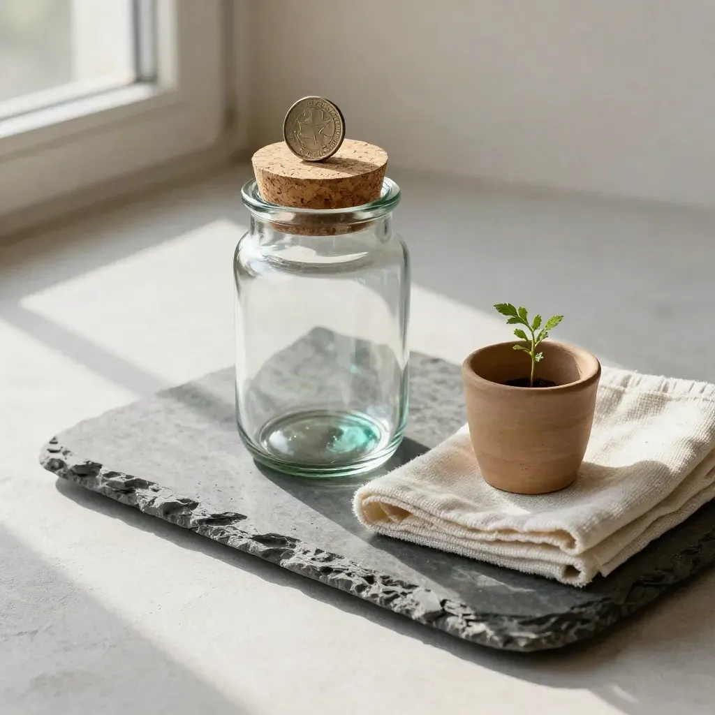 Glazen spaarpot met munt, wollen doek en takje op stenen tray in koel ochtendlicht.