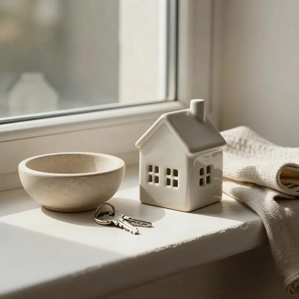 Miniatuur huisje met stenen schaal, sleutelring en wollen doek op een vensterbank in koel licht.