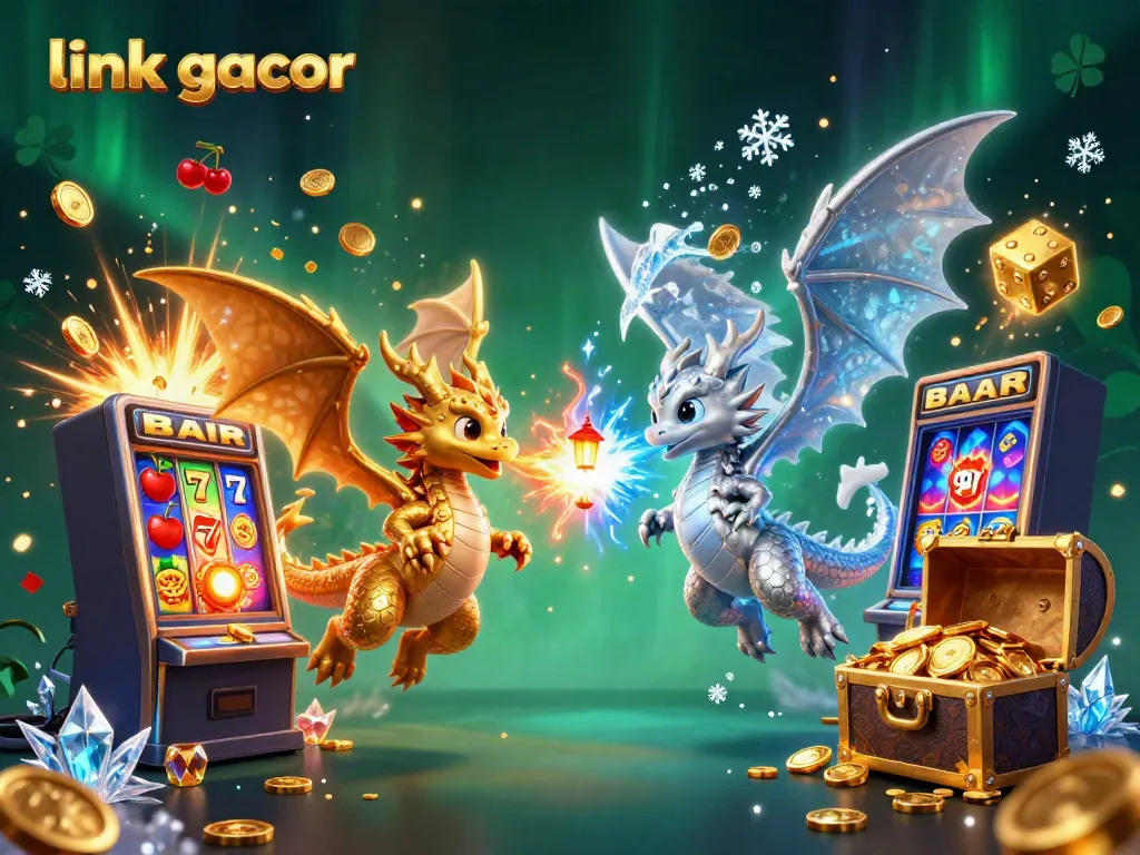 Engaging scene showcasing slot gacor featuring twin dragons, slot machines, and treasure, ideal for players.