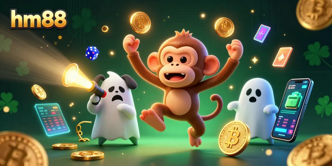 Experience the fun of hm88 with a poltergeist monkey and ghost-hunter puppy in a digital casino setting.