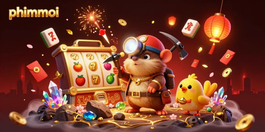 Engage with phimmoi's vibrant gaming scene featuring a treasure hunter mole amidst slot reels and treasures.