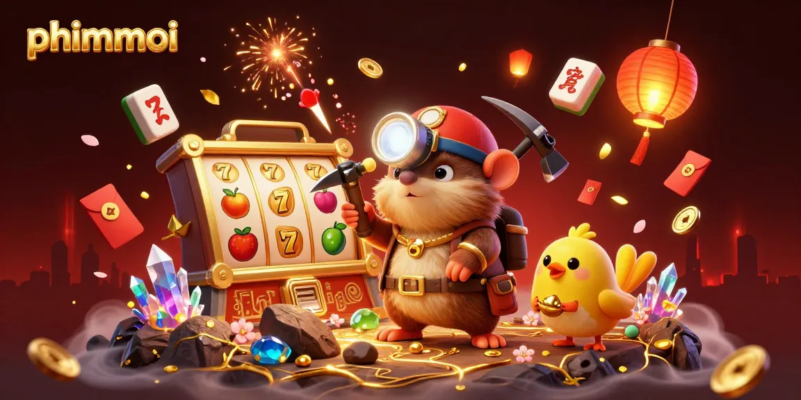 Engage with phimmoi's vibrant gaming scene featuring a treasure hunter mole amidst slot reels and treasures.