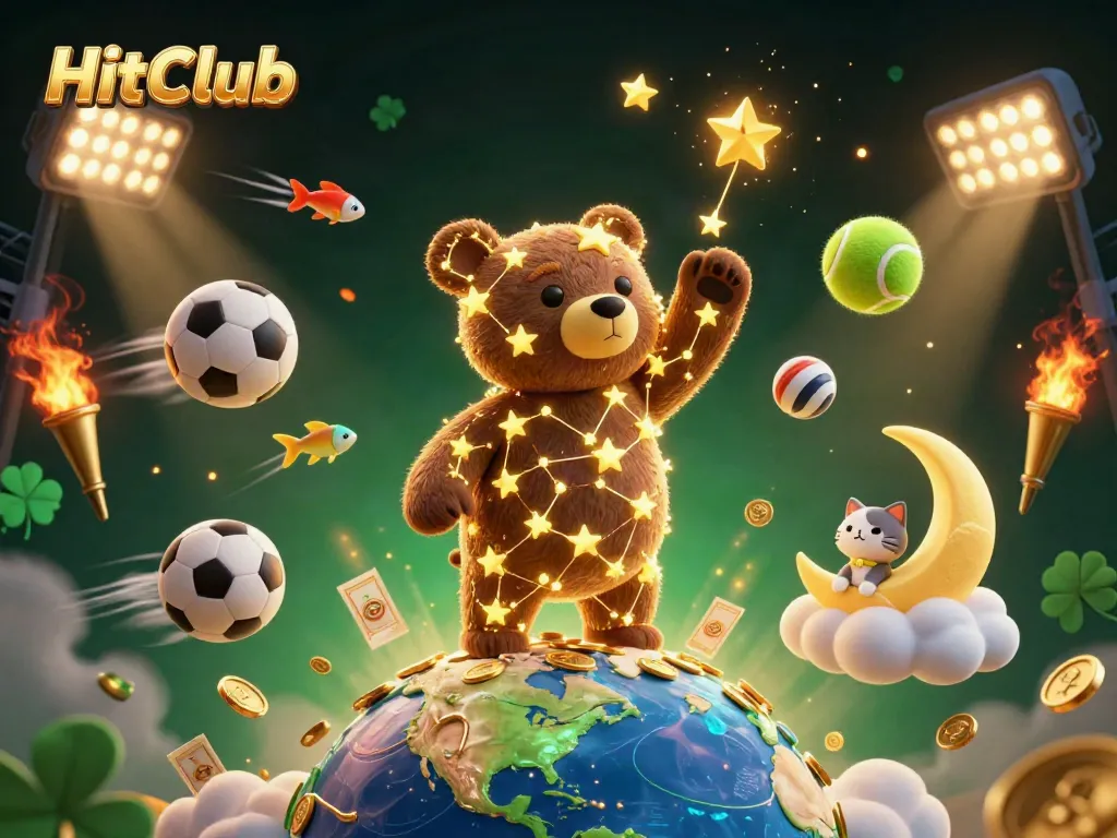 Engage with HitClub's thrilling gaming experience amid sparkling coins and dynamic sports elements.