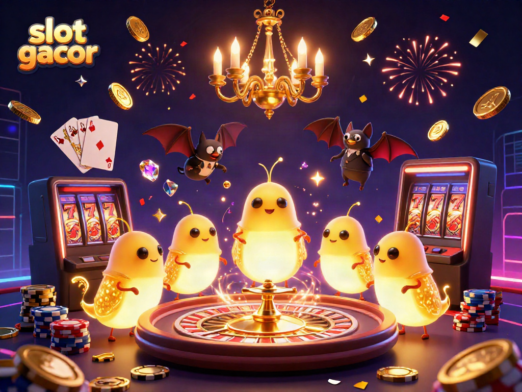 Experience the excitement of slot gacor with glowing characters illuminating a vibrant casino scene.